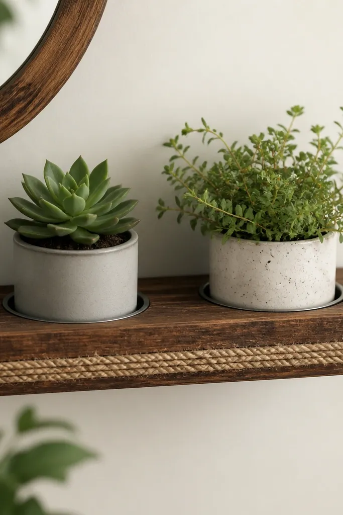 A small floating shelf made from stained wood with rope wrapped along the front edge. Two small pots sit in recessed spaces made with paint cans cut into holders.