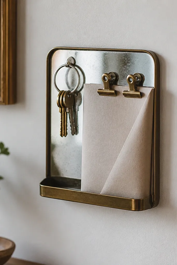 A small wall-mounted mirrored tray with a bottom lip. A small metal ring holds keys, and a folded paper catch sits behind two clips.