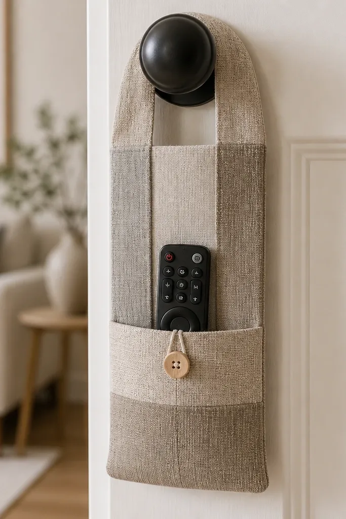 A fabric door hanger made from linen-look strips. A pocket sits at the bottom holding a TV remote, with a small wooden button closure.