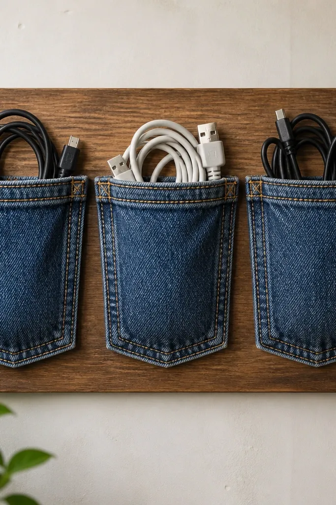 Three denim pockets sewn onto a backing board. Each pocket holds a cable bundle, and the top edge has stitched reinforced hems.