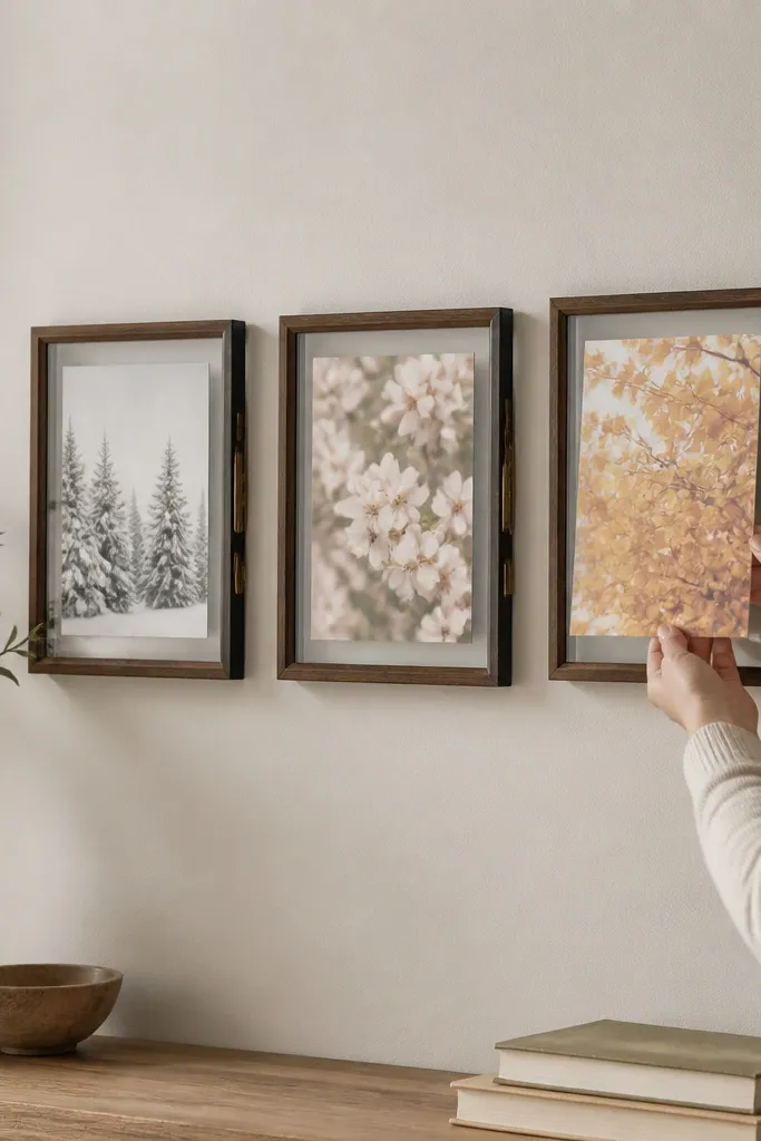A small cluster of three frames on the wall. Each frame holds a card on a hinge so you can swap seasonal prints without removing the frame.