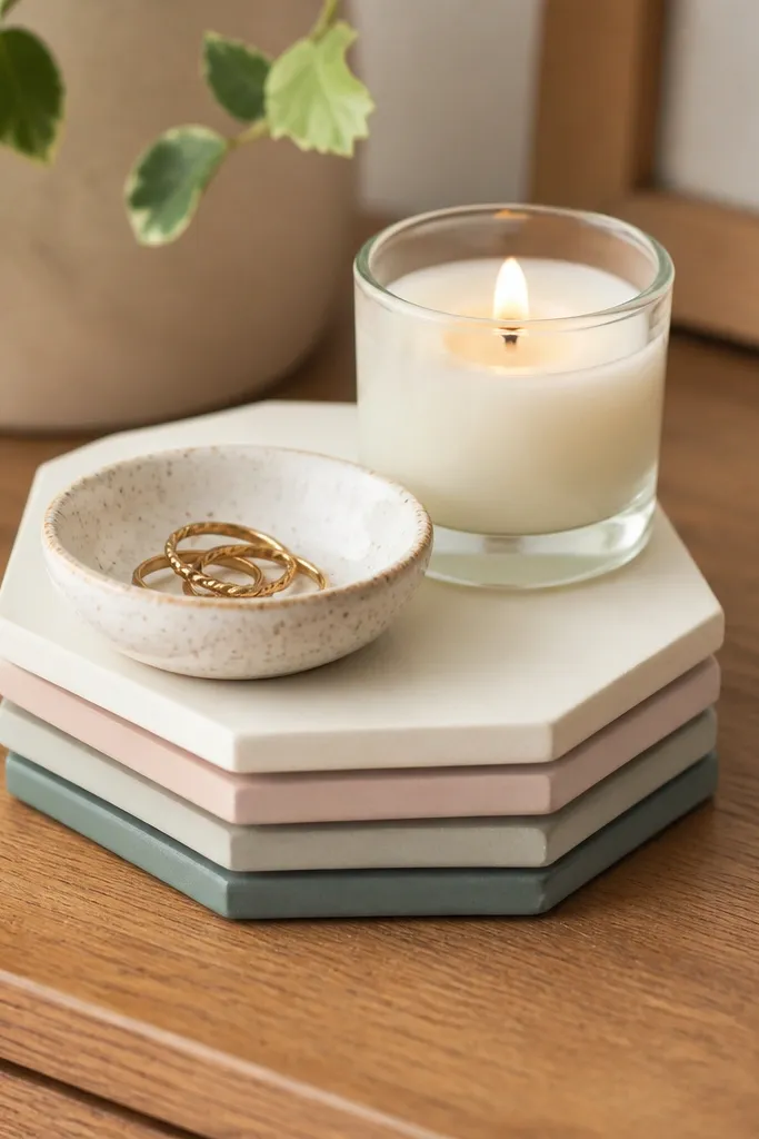 A set of small hexagon coasters made from paint chips. They're arranged in a neat stack under a tiny candle and a small ceramic dish.