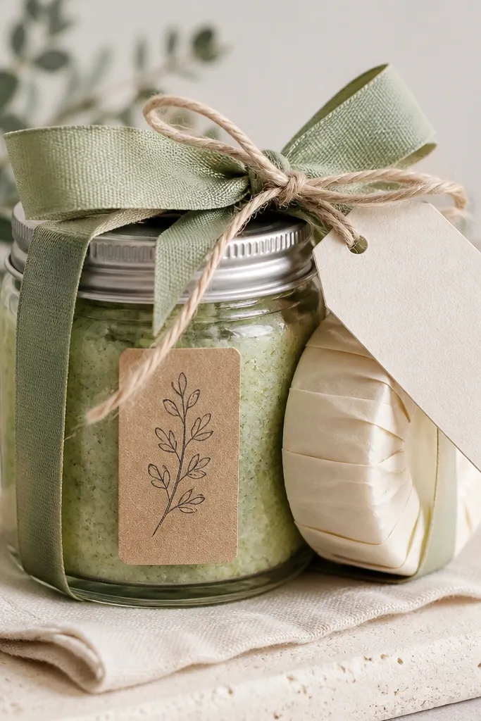 A clear 16 oz glass jar filled with pale green sugar scrub, a small round bar soap wrapped in cream paper, and a sage ribbon bow. A kraft label sits on the jar with a simple leaf doodle, and the set is tied to a small card attached by twine.