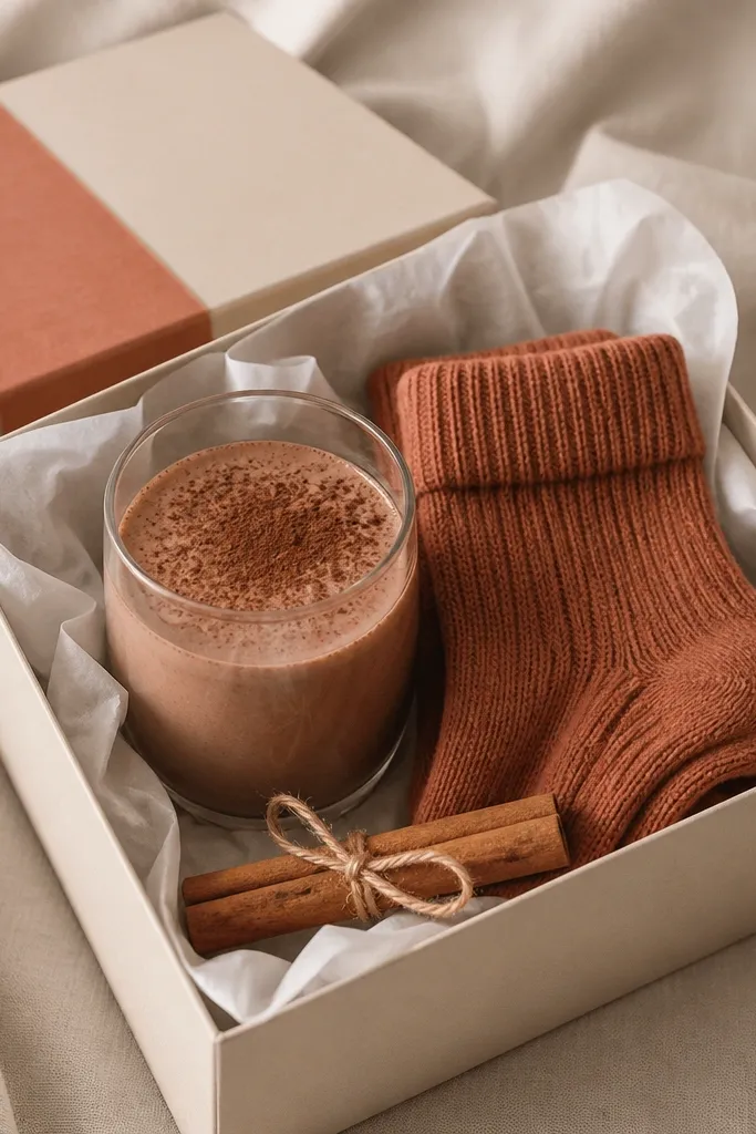 A small gift box holds a glass cup of hot chocolate mix with cocoa powder dust on top, a folded pair of terracotta knit socks, and a cinnamon stick tied with twine. The box has white tissue paper and a terracotta label strip across the lid.