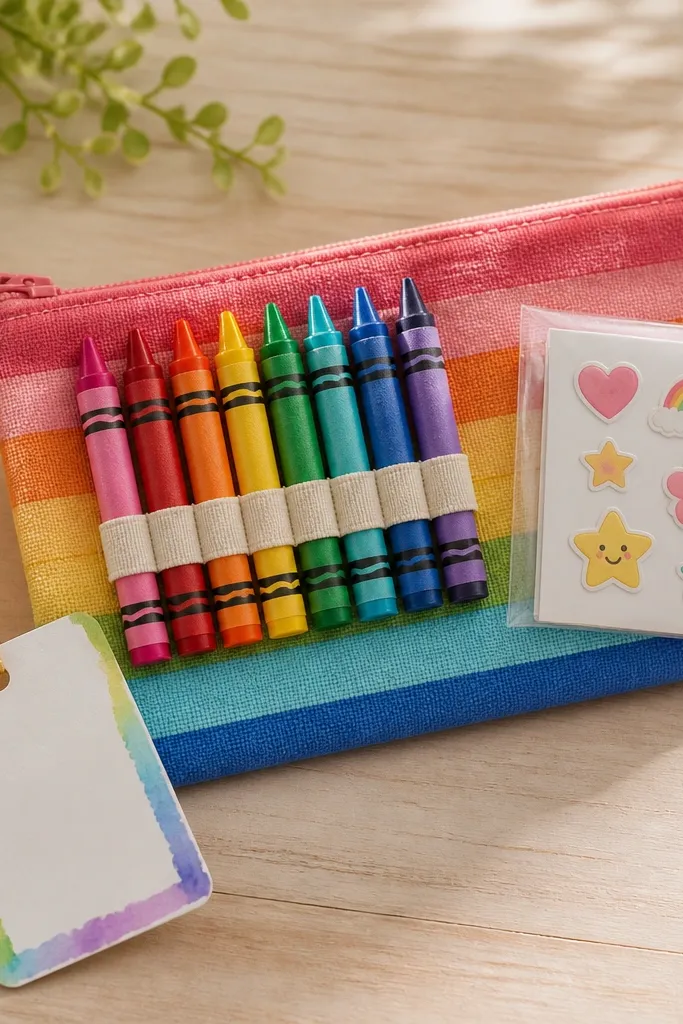 A pencil pouch made from rainbow-striped fabric with a zipper, a row of crayons clipped into a small elastic band, and a name tag card attached by ribbon. A mini sticker sheet sits on top in clear wrap.