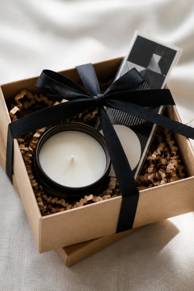 A small kraft box with a single mini candle in the center, a laminated bookmark with black-and-white geometric print tucked beside it, and a black ribbon tied in a tight bow across the lid.