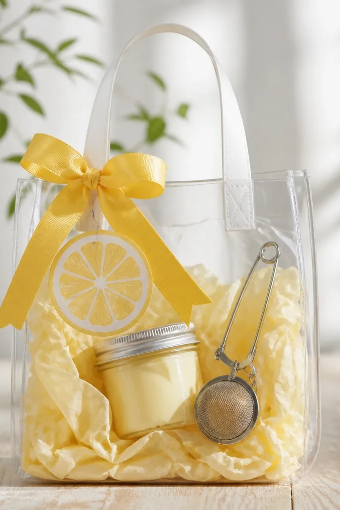 A clear plastic tote filled with yellow tissue, a small jar of lemon hand cream, a stainless tea infuser shaped like a ball, and a lemon slice tag. The tote has a white handle and a yellow ribbon tied around the handle.