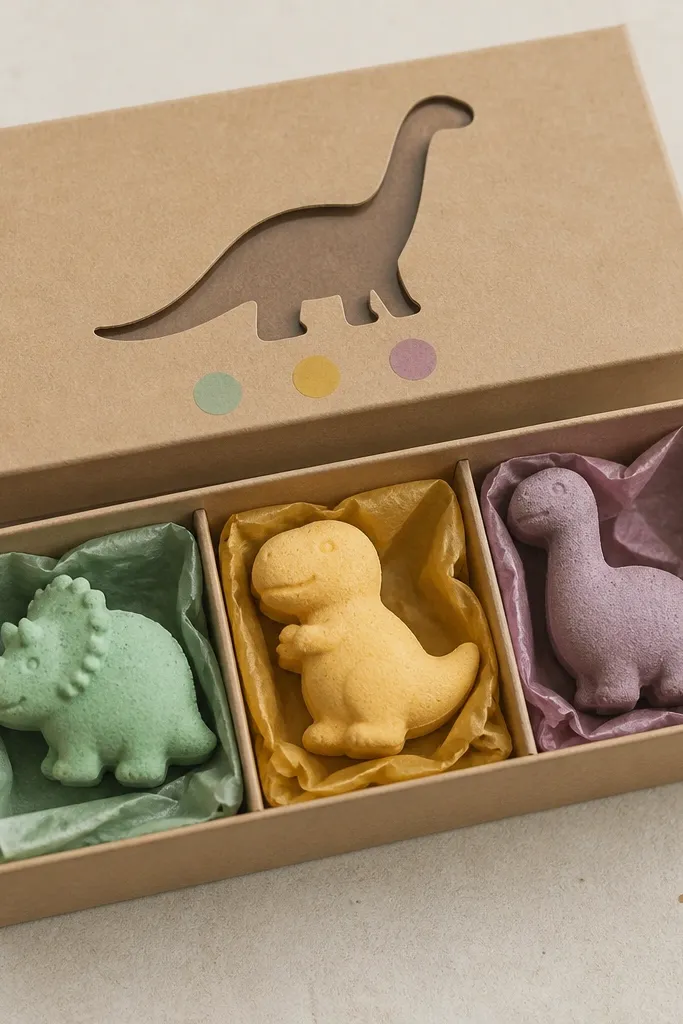 A small box with three bath bombs shaped like tiny dinosaurs, each sitting in its own square of tissue paper. The top has a label with a dinosaur silhouette and three color-coded stickers.