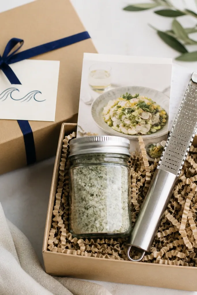 A small kraft box with a jar of pale green herb salt, a stainless citrus zester, and a folded recipe card. The lid has a navy ribbon and a small card with a wave icon.
