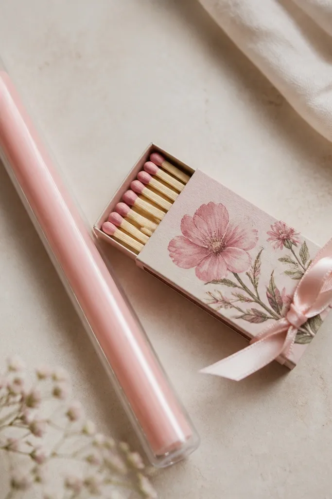 A pink candle in a clear sleeve with a small matchbox wrapped in floral paper. The matchbox has a custom cover with a pink flower print and a satin ribbon tie.