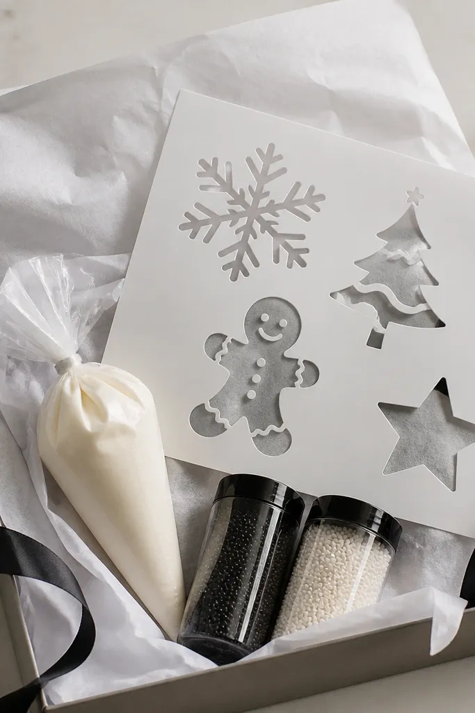 A flat gift box with a small pipette-style icing bag, black and white sprinkle containers, and a cookie stencil card. The box uses white tissue and black ribbon, with a stencil sheet laid on top.