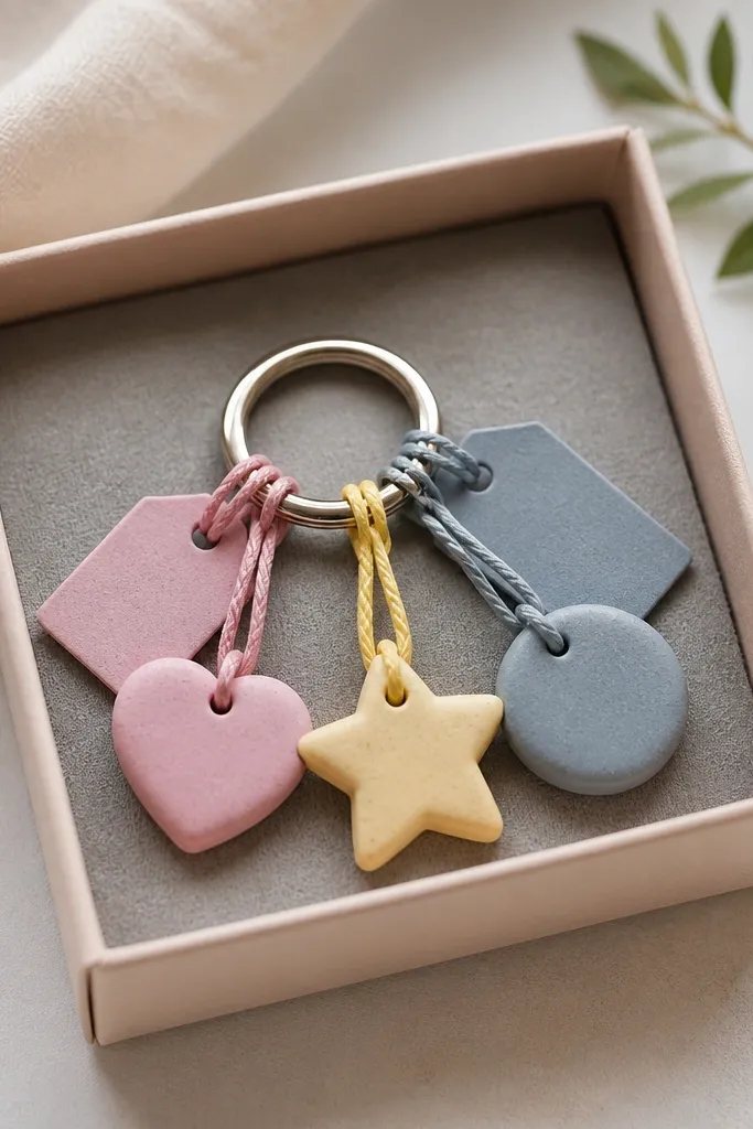 Three small polymer clay charms shaped like hearts, stars, and circles on a keyring. Each charm has a matching color tag attached with a thin string, and the set sits in a small felt-lined box.