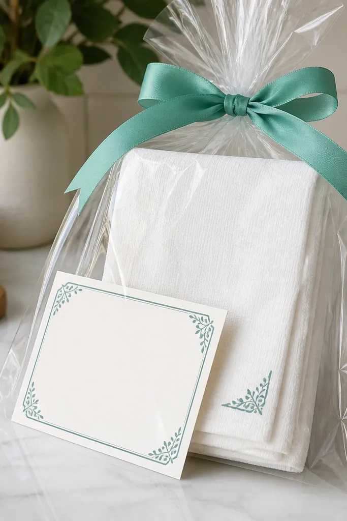A folded white kitchen towel with a small heat-transfer vinyl label in teal on one corner. A recipe card with the same teal border sits beside it, and the bundle is wrapped in clear cellophane with a teal ribbon.