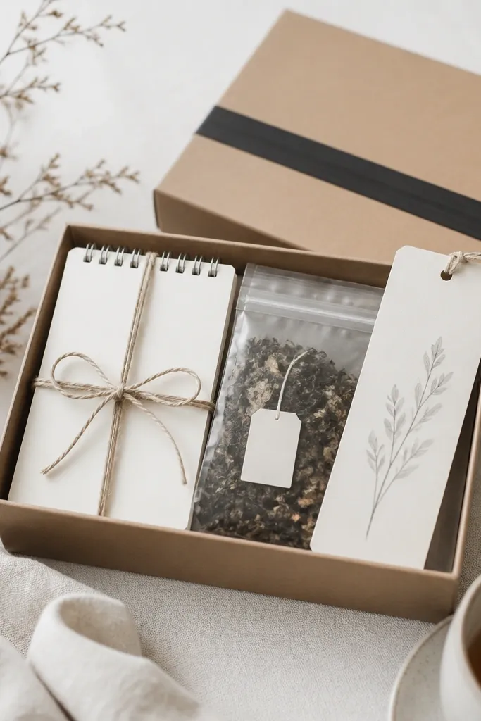A small kraft box with a mini notepad tied with twine, tea sachets in a clear pouch, and a bookmark with soft gray lettering. The lid shows a thin black stripe label.