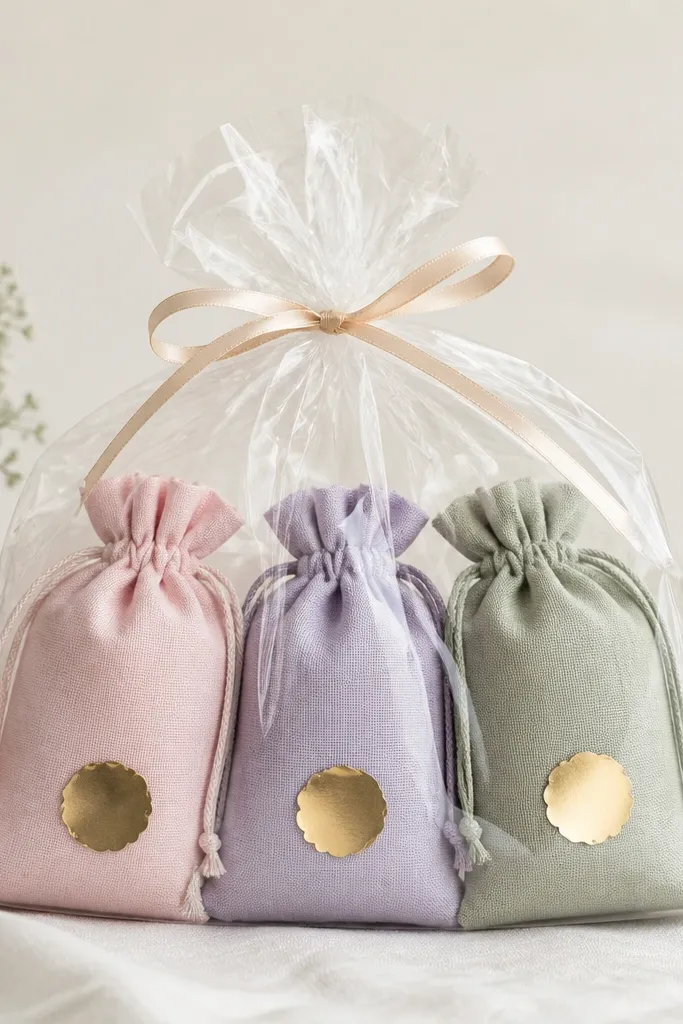 Three drawstring muslin bags in pastel colors inside a clear cellophane wrap. Each bag has a small gold sticker label with a color name, and the top is tied with thin satin ribbon.