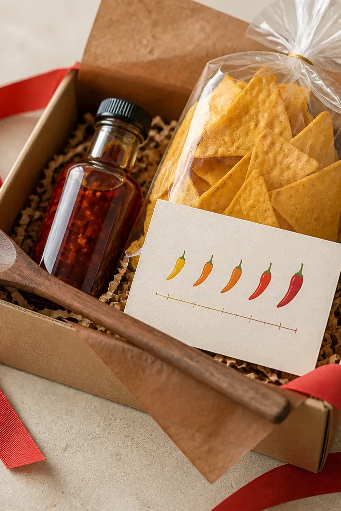A wooden spoon rests diagonally across a small box. Inside are a small bottle of chili oil, a bag of corn chips, and a label card with a heat scale. The box uses warm brown paper and a red ribbon.