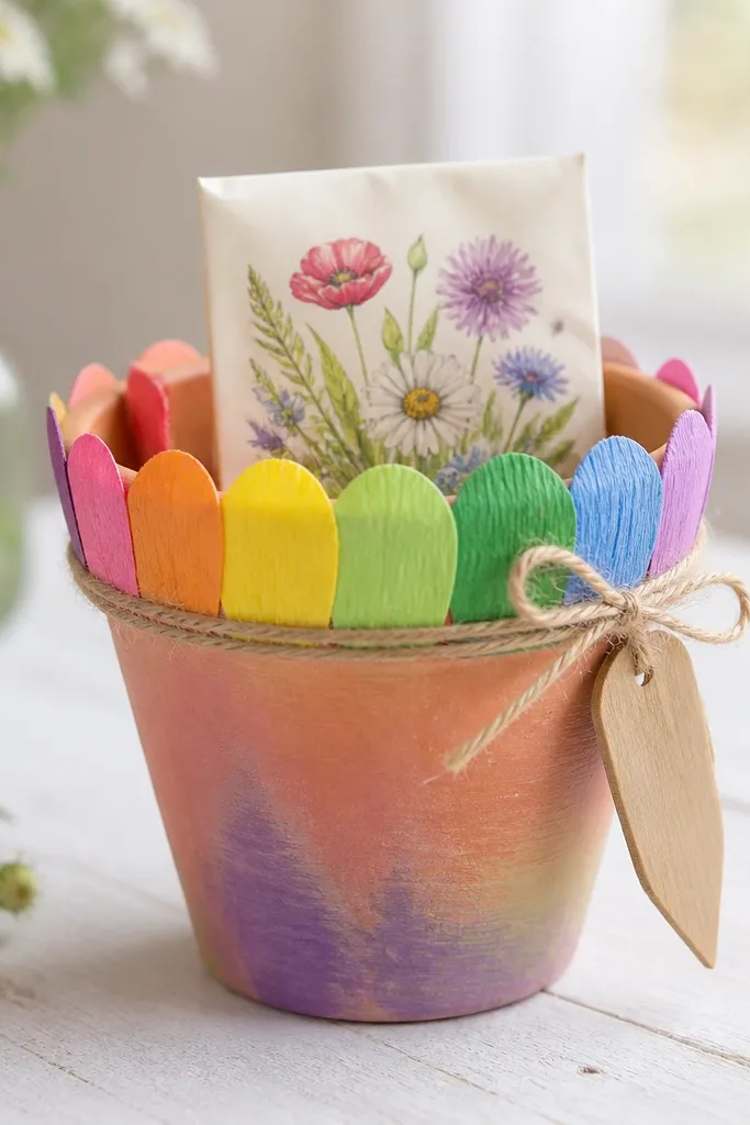 A small painted terracotta pot wrapped in rainbow paper flower petals around the rim. A seed packet sits upright inside, and a mini wooden plant tag is tied to the twine.
