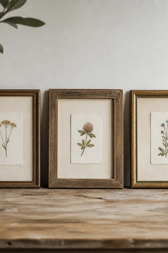 Three mismatched thrift picture frames arranged in a row. Inside each frame, a cream book-page mat sits behind a small cut-out of a botanical illustration, with uneven edges and visible paper grain.