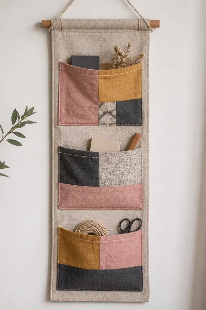 A vertical fabric panel mounted on a wall with three pocket sections. The pockets are made from mixed scraps in dusty pink, mustard, and charcoal, each with a neat stitched top and visible seams.