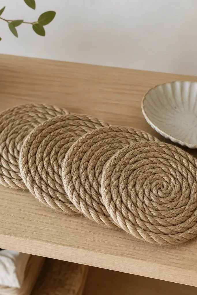 A set of four coasters made from thick natural rope, each with a visible knot spiral in a tight circle. They sit on a light wood shelf with a small ceramic dish next to them.