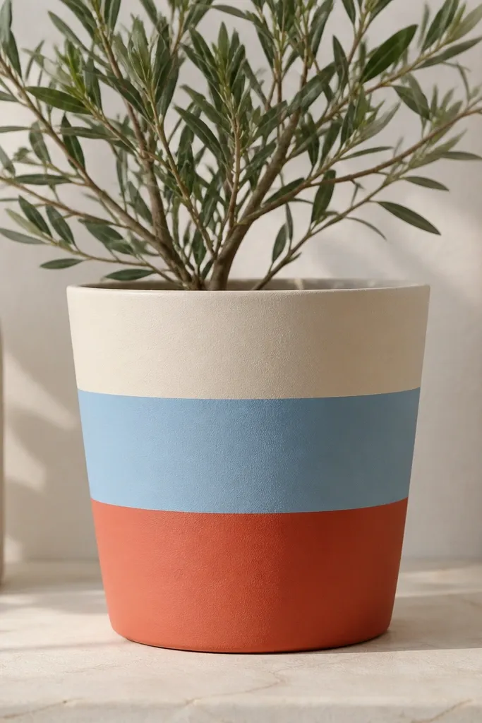 A terracotta pot painted with crisp horizontal color blocks: cream, sky blue, and terracotta red. The lines are straight and the paint has a matte finish.