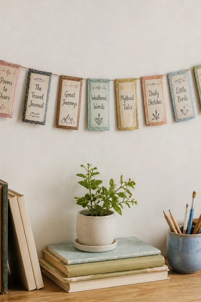 A string banner made of small rectangles resembling book spines. Each piece has a hand-lettered title, and the edges are framed with thin washi tape in matching colors.