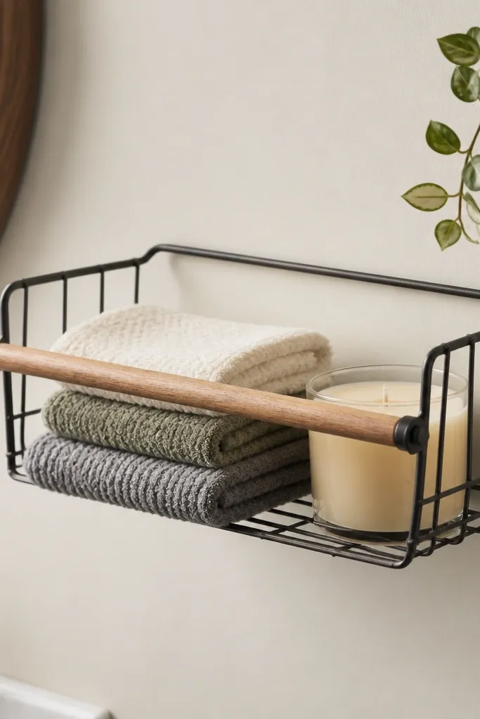 A small "floating" shelf: a wire basket mounted to the wall with a wooden dowel across the front. The basket holds folded washcloths and a small candle.