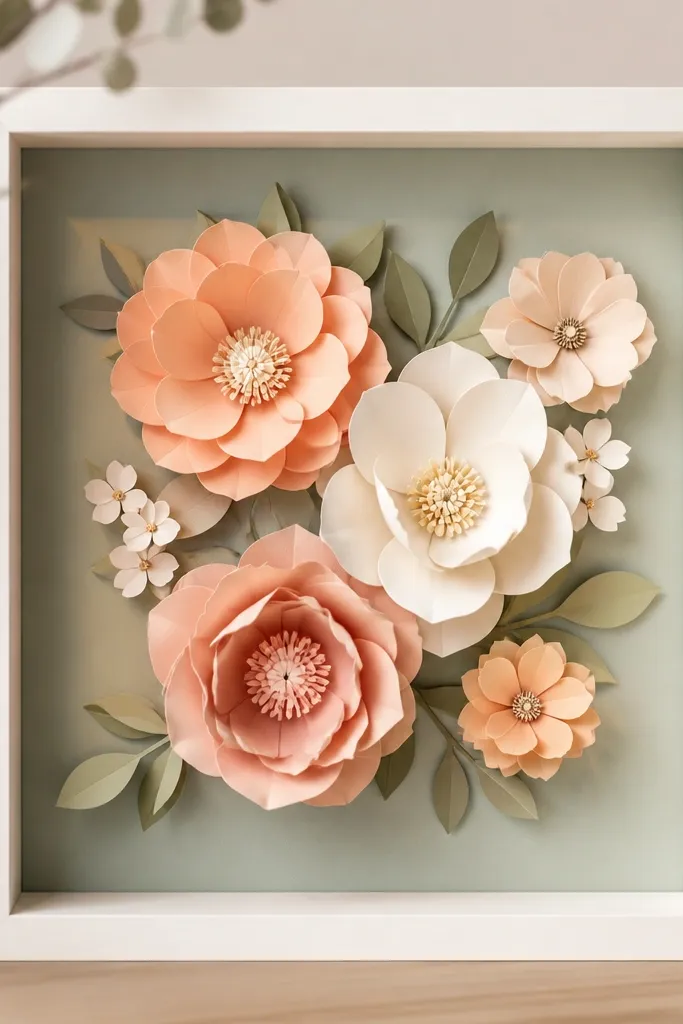 A small shadow box frame containing layered paper flowers in peach and cream tones. The flowers are spaced to create depth, and the background is a soft sage paper.