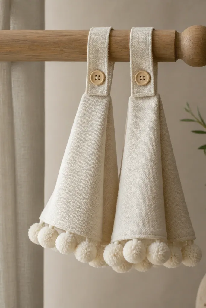 Two tiebacks made from thick cream fabric straps with pom-pom trim along the ends. They fasten to a curtain rod with a simple loop and button.