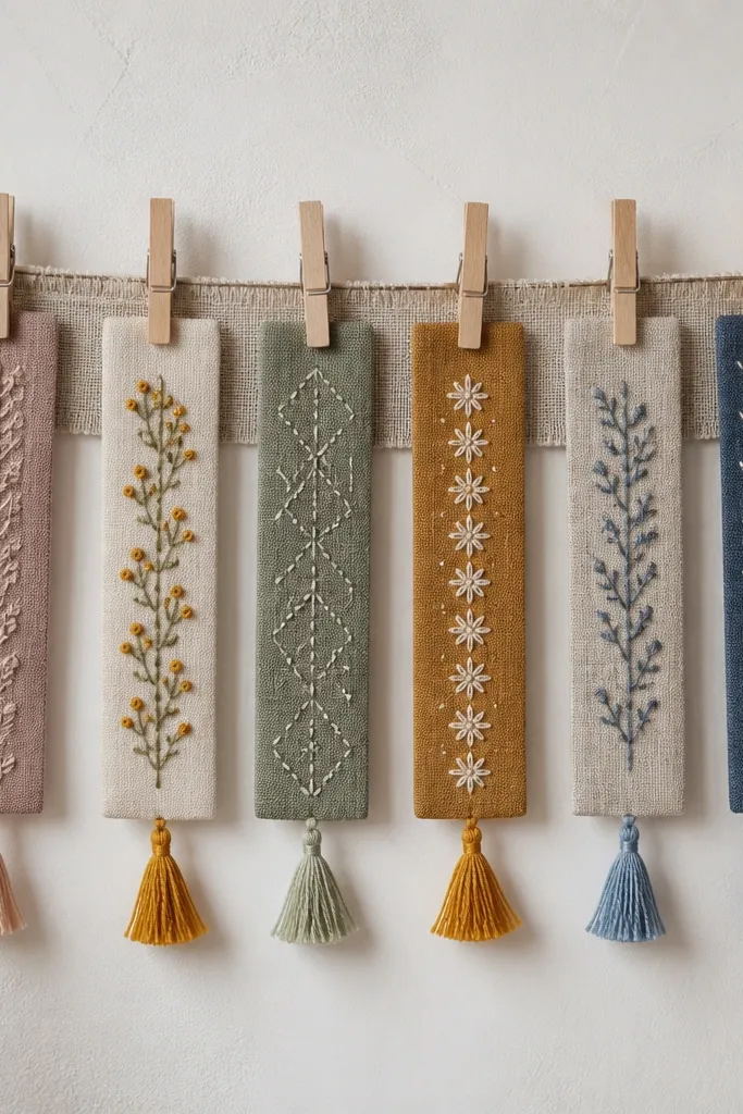 A linen strip mounted horizontally with several fabric bookmark pieces clipped along it using small wooden clothespins. The bookmarks have different stitch patterns and tiny tassels.