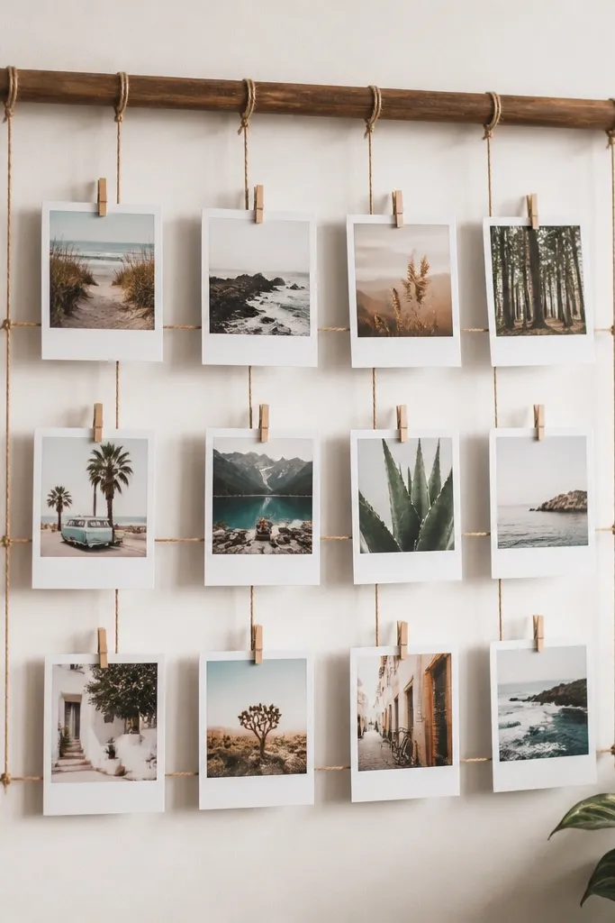 A horizontal wooden dowel on the wall with twine strings stretched down like a grid. Polaroid photos are clipped onto the twine with mini clothespins.