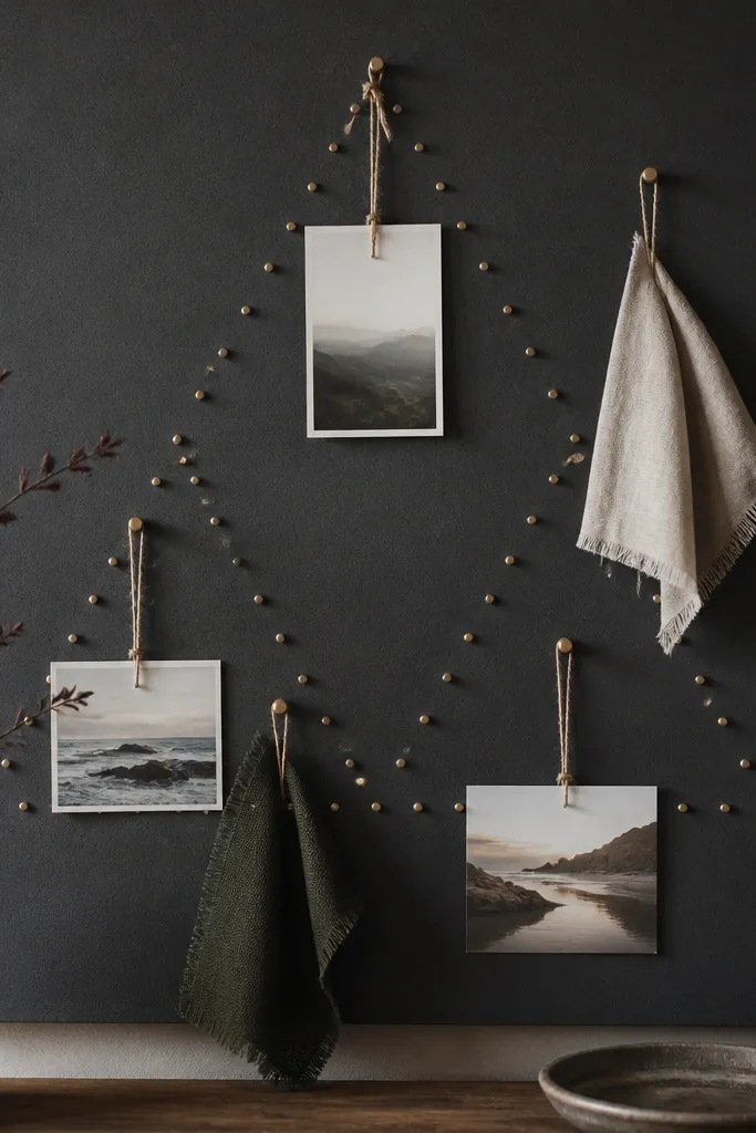 A cork board painted matte charcoal with a geometric arrangement of pushpins forming a triangle pattern. A few fabric swatches and postcards hang with twine.