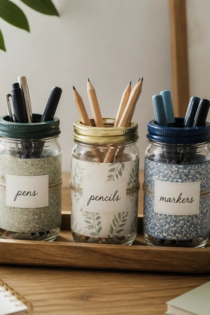 Three mason jars on a desk, each wrapped with a thin strip of wrapping paper and labeled with a handwritten word. The jars have different lid colors and sit on a small wooden tray.