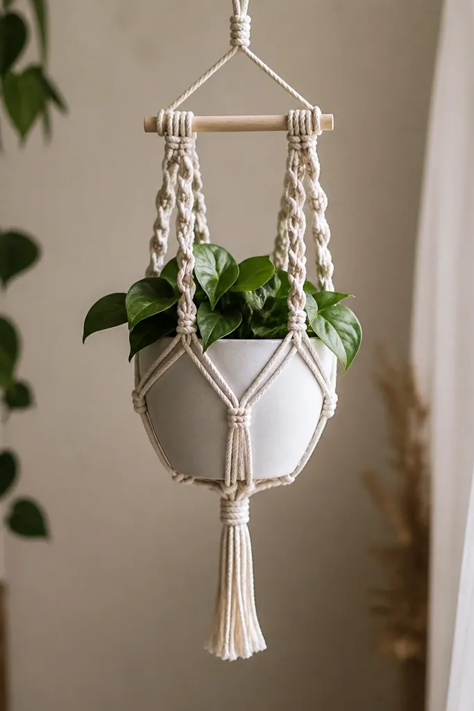 A small macrame hanger holding a 4-inch plant pot. The knots are tight and evenly spaced, with a simple wooden dowel at the top.