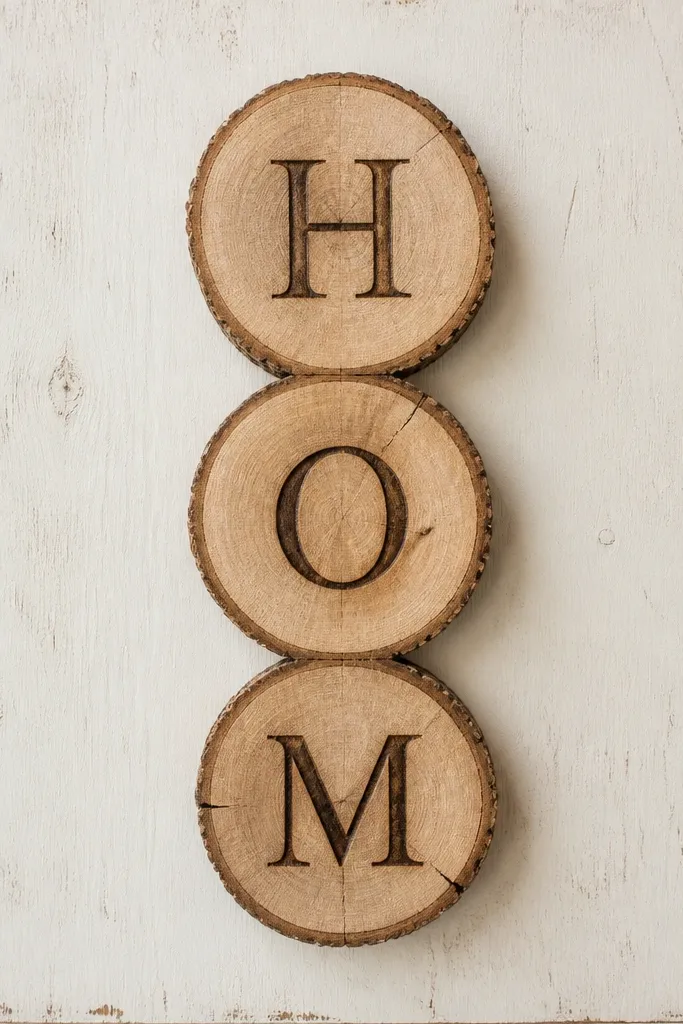 A scrap plywood board with three stacked wood slices arranged to spell a word. Each slice has dark burned lettering, and the board background is a soft off-white.