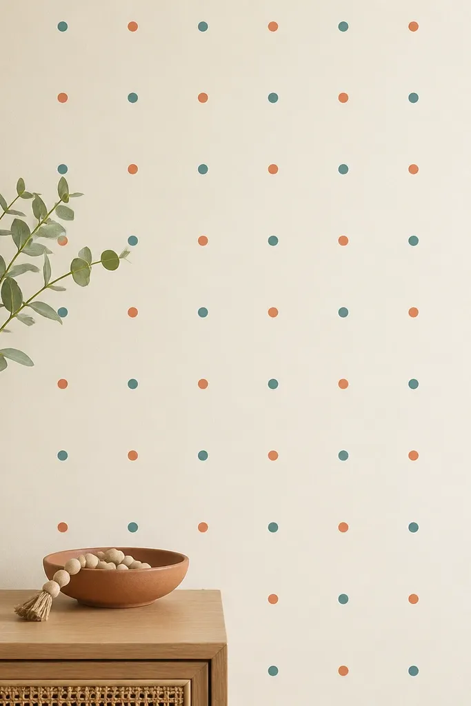 A section of wall painted in soft cream with a neat grid of small circular dots in muted teal and terracotta. The dots look crisp with no bleed.