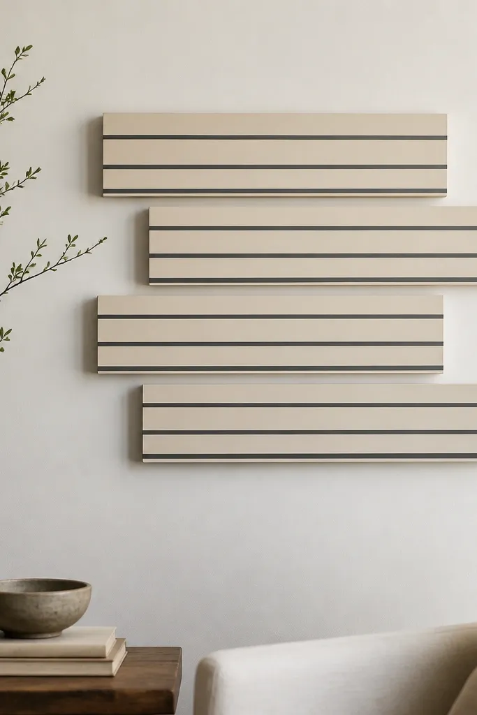 A grid of four narrow painted wood slats mounted in a staggered gallery layout; each slat is matte cream with thin charcoal stripes, and the ends are sanded smooth. No visible screws show; there's a clean shadow line between slats and wall.