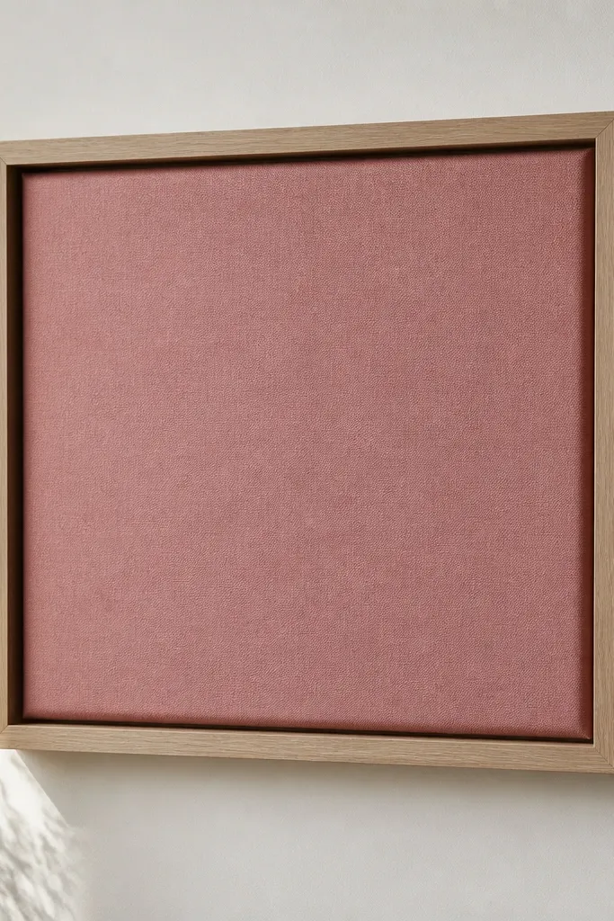 A framed square artwork showing a soft linen-like fabric surface in dusty rose; the fabric wraps around the back and the front has tight, crisp edges. The frame is light oak, with a 1-inch lip and a clean shadow gap.