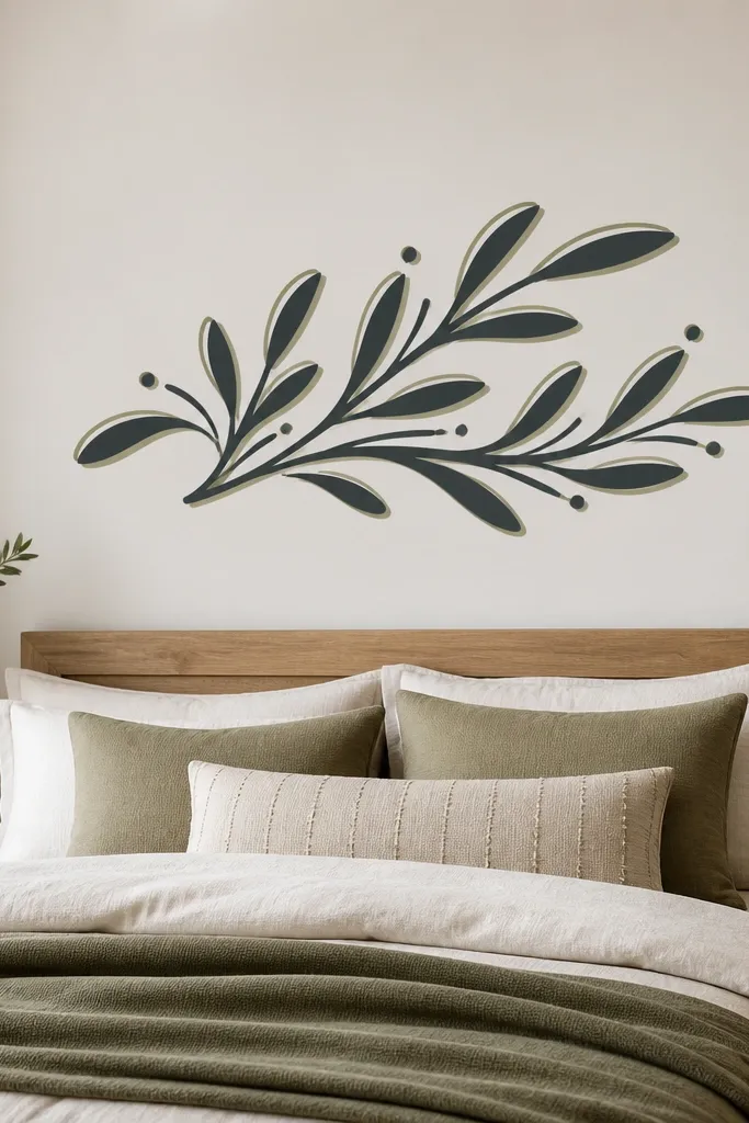 A clean wall quote in dark ink lettering with a subtle offset shadow line in muted sage; the letters sit centered above a bed. The finish is matte and crisp with sharp edges.