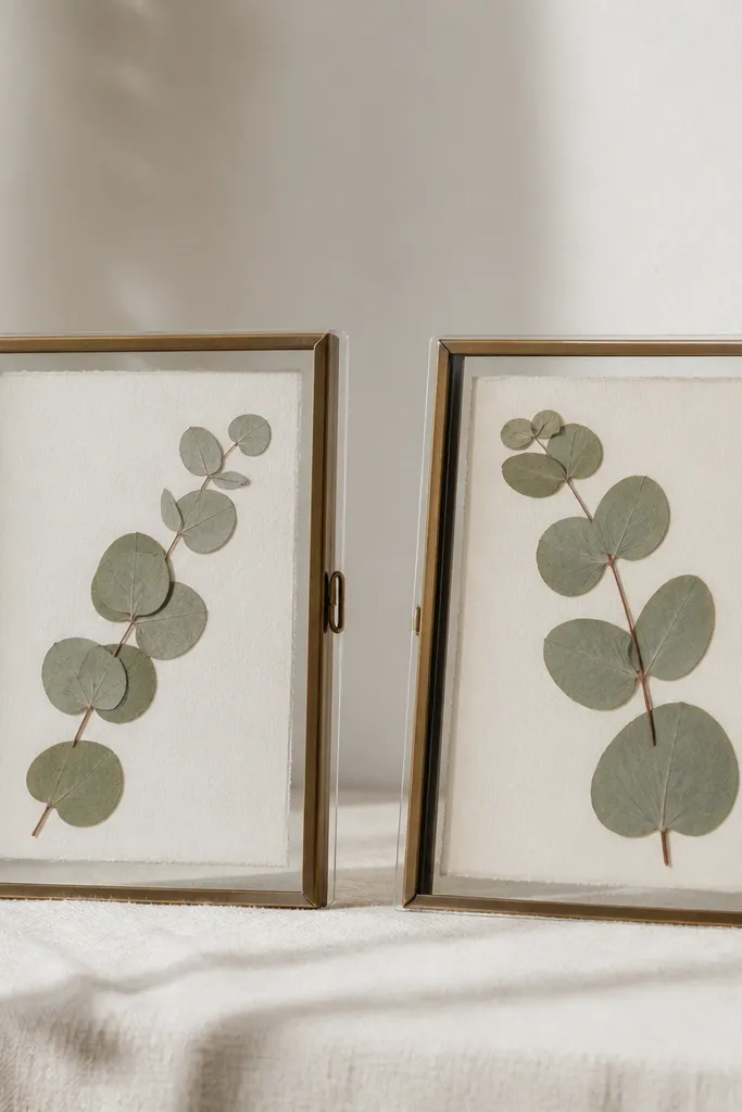 A set of two small frames with acrylic fronts; inside are pressed eucalyptus leaves arranged in a gentle diagonal, with off-white botanical paper behind them. The leaves are flat and crisp, no curling.
