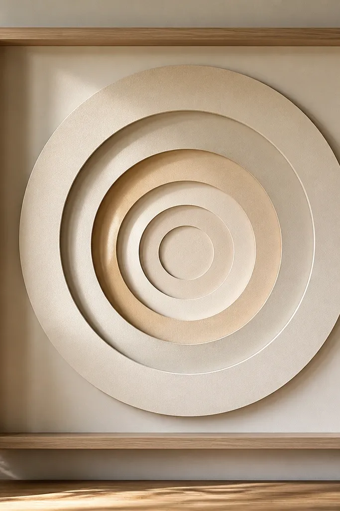 A large circular design made of layered paper cutouts; each ring is a slightly different warm beige tone. The layers create a visible shadow gap, and the piece is mounted in a deep frame.