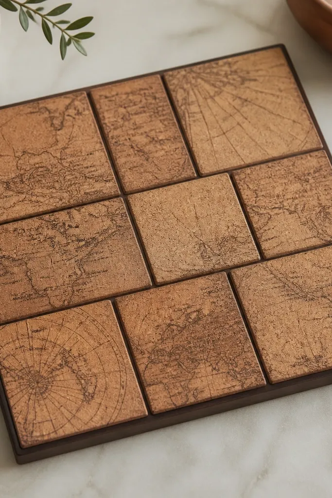 A set of cork tiles arranged in a patchwork grid; each tile has a faded map print, and the edges are sealed in a dark brown finish. A thin black trim lines the outside.