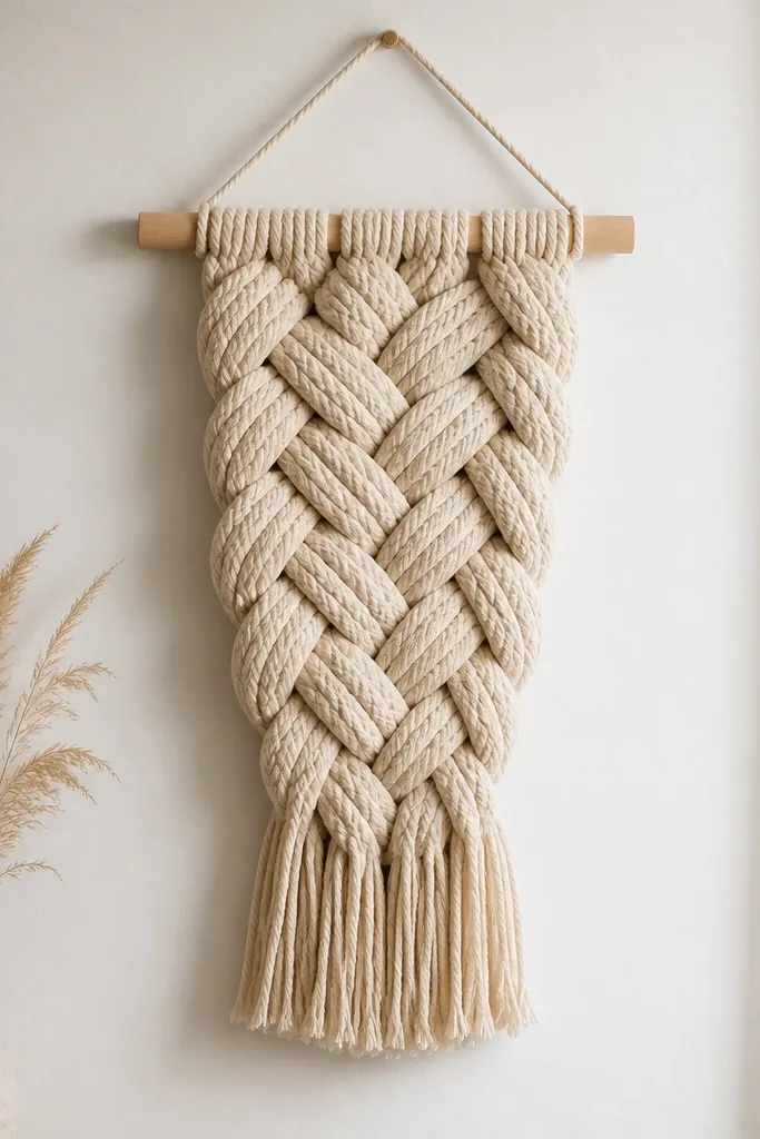 A wall hanging that looks like a chunky braid draped over a simple light wood dowel. The cord is a natural cream color, with a clean top loop and tidy fringe ends.