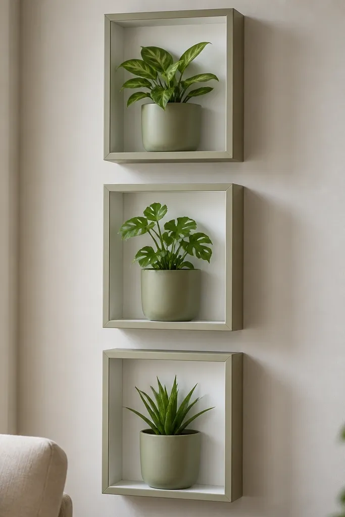 Three mini shadowbox shelves mounted vertically on a wall, each holding a small potted plant with matching planters. The shelf back is painted matte white and the front has a thin frame border.