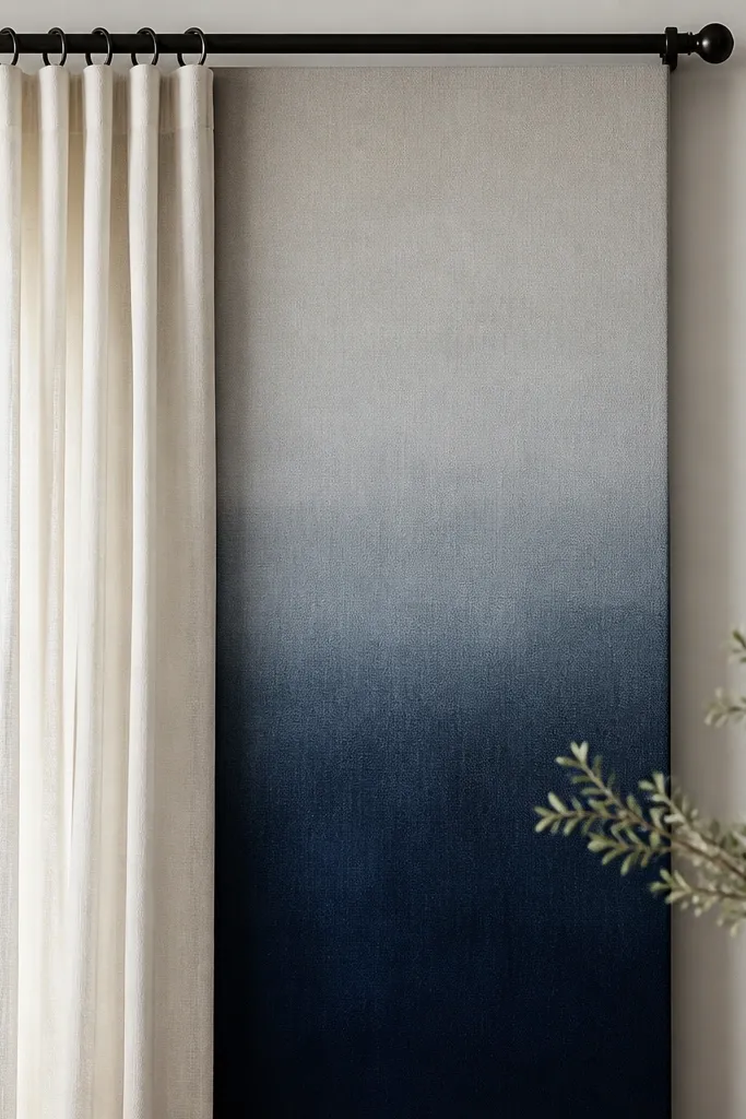 A stretched canvas strip behind a curtain rod; the canvas has a dip-dyed gradient from deep navy at the bottom to soft gray at the top. The top edge is straight and hidden by the rod hardware.