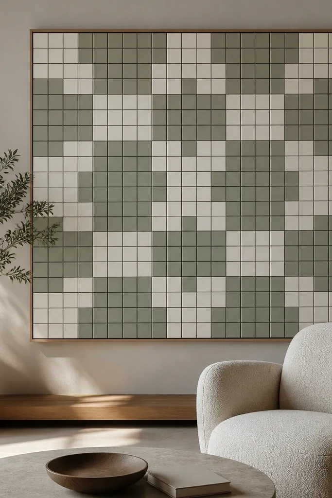 A large wall panel that looks like small square tiles; the grout lines are crisp black, and the "tiles" are a muted sage and warm white pattern. It's mounted like a single framed panel.
