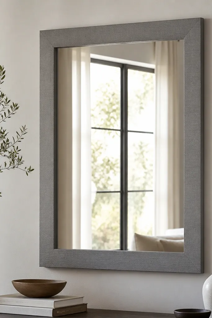 A rectangular mirror mounted on the wall; the frame has been wrapped with matte faux wood or matte fabric wrap in a soft gray. The mirror surface stays clean and the edges are crisp.