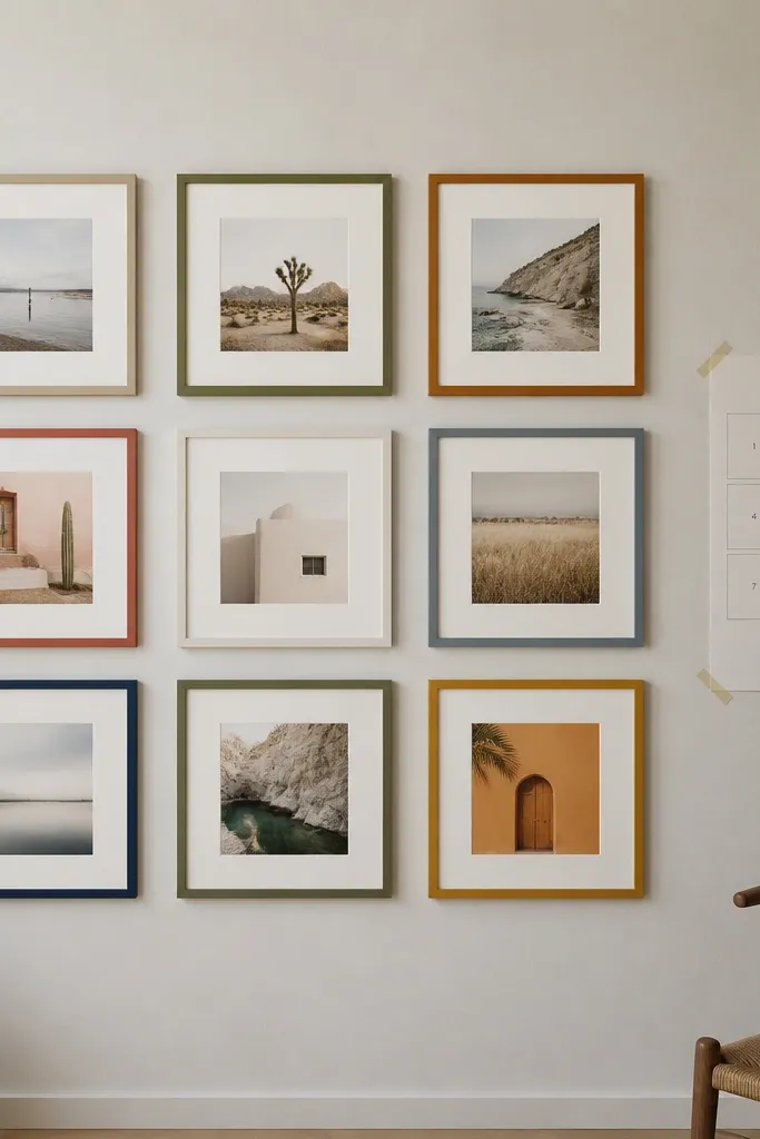 A gallery wall where every frame is identical in thickness but different in art color; the frames are hung evenly. On the side of the wall there's a visible paper template with numbers aligned to each frame position.