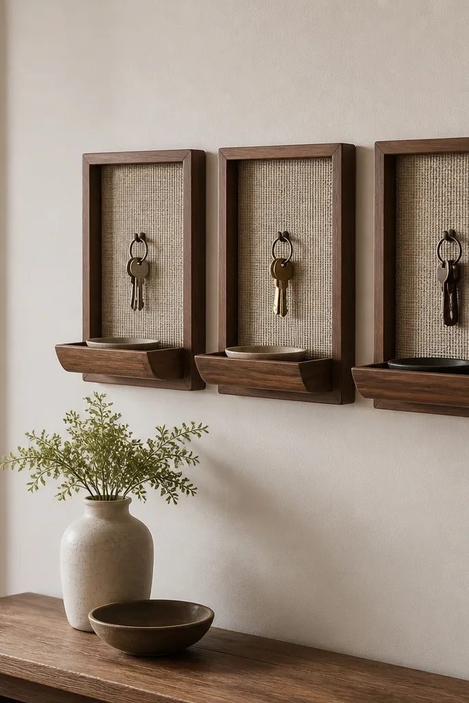 Three small wall pockets made from wooden frames with fabric backing; they hang in a row near an entryway. Each pocket holds a small tray and a pair of keys, and the fabric is in a neutral textured weave.