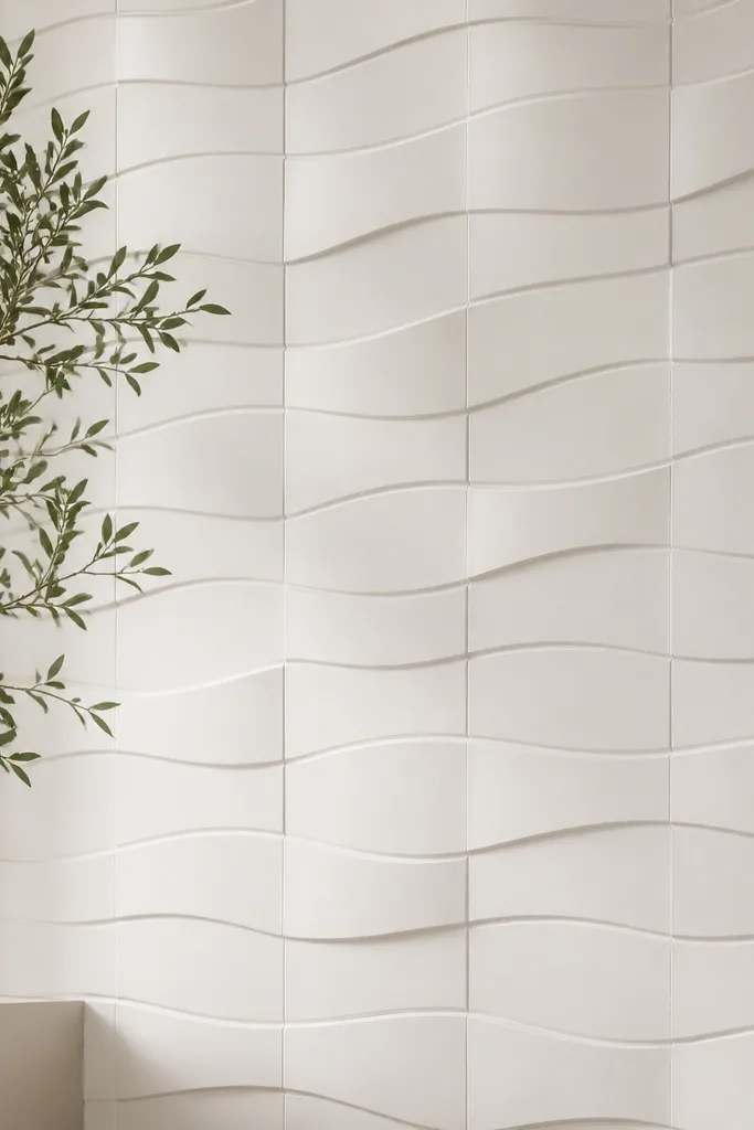 A section of wall covered in small 3D panels shaped like subtle waves; the panels are white and matte. Along the edges, there's a faint thin line of sealed finish that makes seams look intentional.